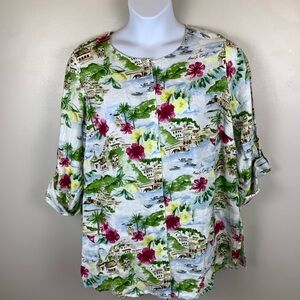 CYNTHIA ROWLEY Blouse Women’s 1X 100% Linen‎ Tunic Button Up Amalfi Coast Print